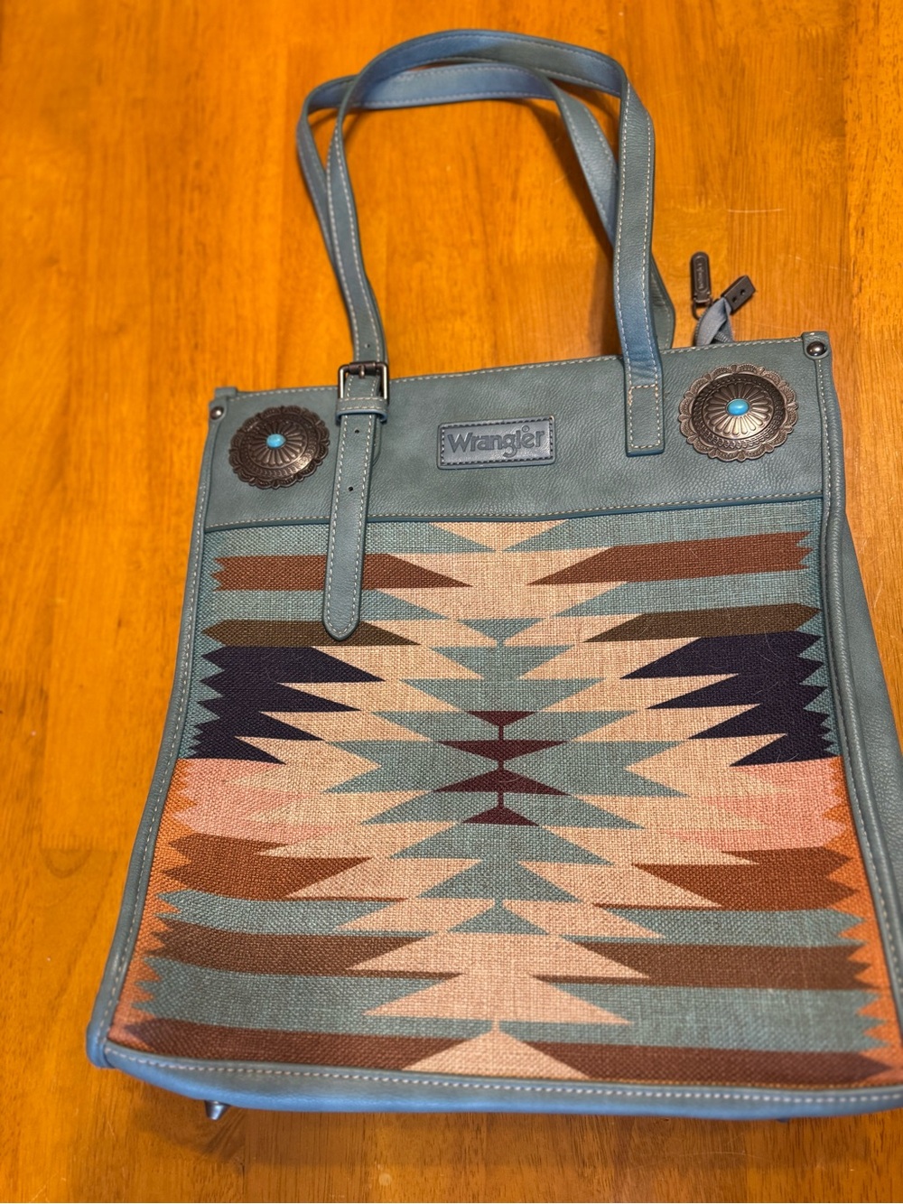 Wrangler Teal Aztec Pattern Tote with Brown Accents